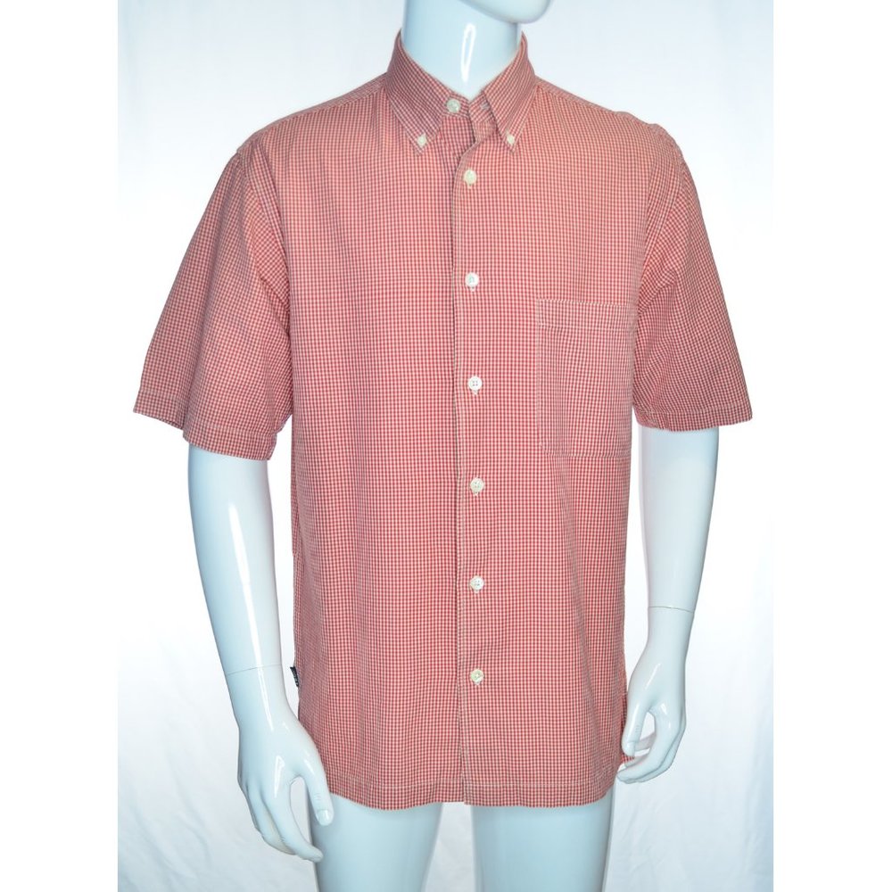 Vintage Izod Gingham Preppy Plaid Short Sleeve Button Down Shirt Red/White Sz S
